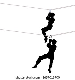  Rope crossing. The black silhouette of a young man climber tourist hanging on carabiners to a rope, two positions hang on a string. Isolated over white background. Vector illustration.