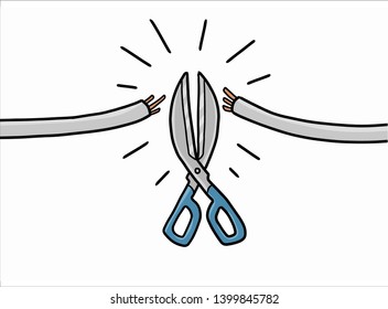 rope cut with scissors cartoon vector and illustration, hand drawn style, isolated on white background.