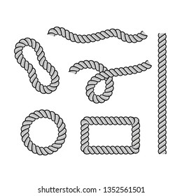 Rope for decoration and covering, nautical twisted rope knots. Round and square rope frames, cord borders. Decoration elements. Vector illustration.