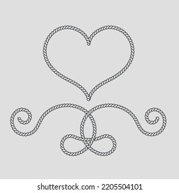 Rope Decorative Elements.  Heart Frame Line Art Concept. Rope Tie Border Graphic Design. Vector Illustration