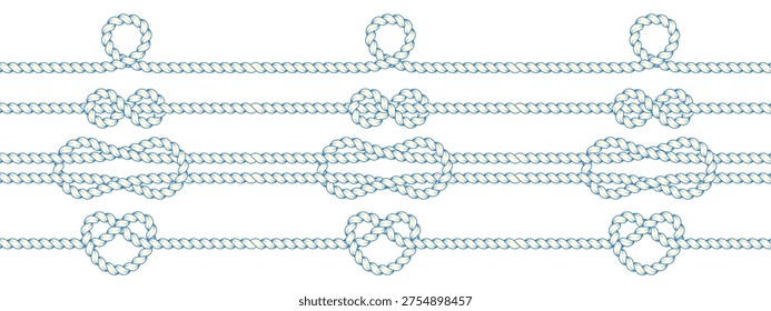 Rope divider lines collection. Twisted rope strokes with knots and ring loops. Nautical vector elements