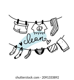 Rope For Drying Clothes With Socks, Underpants, T-shirt, Shorts, A Towel. Handwritten Clean On A Blue Shape. Doodle Style Vector Illustration, Black Line Isolated On White Background.