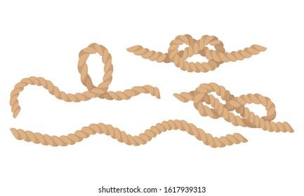 Rope Fastening in Different Knots Isolated on White Background Vector Set