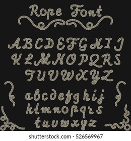 Rope font, nautical hand written Letters from A to Z, sea style rope-characters, decorative Latin alphabet. Vector