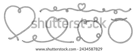 Rope Frame Border Vector set. Line art with background and copy space. Linear drawing of heart and circle shaped garland. String wreath with loops. Outline nautical style black and white graphic