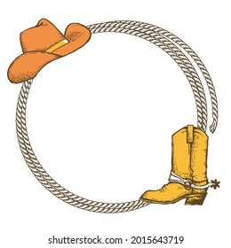 Rope frame with Cowboy hat and cowboy boot. Vector vintage illustration of Cowboy Ranch Concept isolated on white.