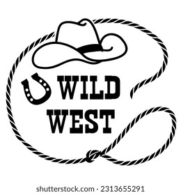 Rope frame with cowboy hat and lasso. Vector wild west illustration isolated on white foe design.