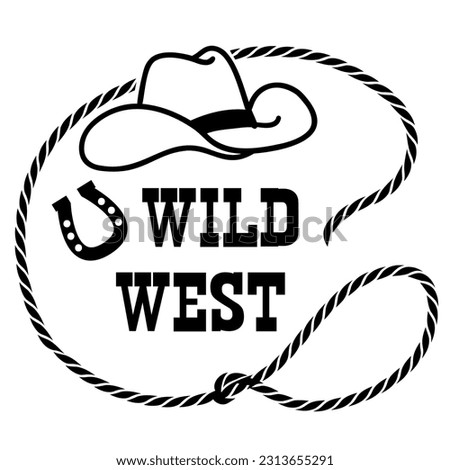 Rope frame with cowboy hat and lasso. Vector wild west illustration isolated on white foe design.