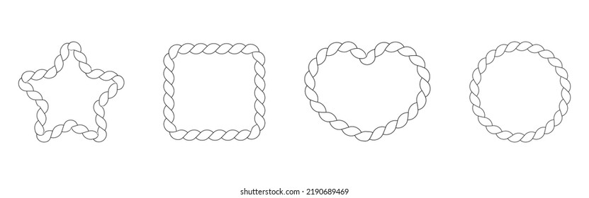 Rope frame in the form of circle, star. Square nautical cord border. Vector simple linear illustration. Twine decorative elements.