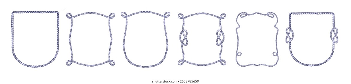 Quadro de corda, conjunto de borda de doodle de nó desenhado à mão, fundo de decoração de corda marinha, forma de cordão. Marinheiro náutico twisted cartaz impressão, laço vintage decoração ilustração. Estrutura isolada de corda náutica