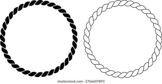 Rope Frame Icon Set. Nautical Border Sign.Circle border and nautical symbols. Twisted rope and round frame icons. Marine rope and vintage frame design
