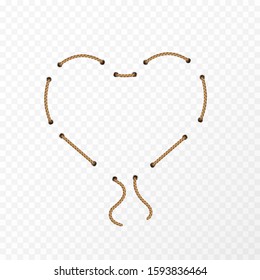 Rope frame isolated on transparent background. Vector realistic texture strings, jute, lace or cord with metallic holes. Heart fiber rope border pattern.
