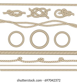 Rope frame knots and corners nautical strong loop. Vector set illustration isolated on white background.