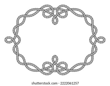 Rope frame. Nautical rope, decorative binding. Exquisite  design element. Vintage background template. Isolated black outline on white background. Vector illustration