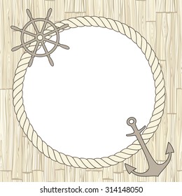 Rope frame on the wood texture background.