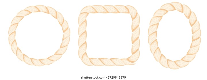 Seilrahmen, Seilpinselkreis, ovaler und rechteckiger Teiler. Strickmuster, Rahmen und Rahmen in verschiedenen Formen und Stilen für Designprojekte