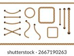Rope frame set isolated on white background. Vector realistic texture jute, lace or cord with metallic holes. 3d fiber strings borders