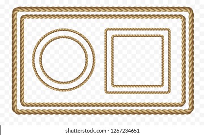 Rope frame set isolated on transparent background. Vector realistic texture string, jute, thread, cord or rope borders pattern.