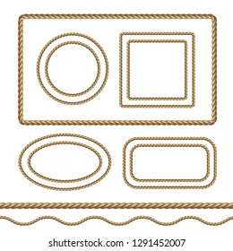 Rope frame set isolated on white background. Vector realistic texture string, jute, thread, cord or rope borders pattern.