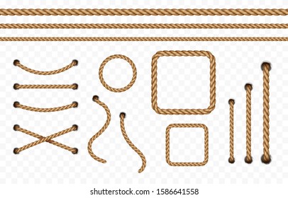 Rope frame set isolated on transparent background. Vector realistic texture strings, jute, lace or cord with metallic holes. 3d fiber rope borders pattern.