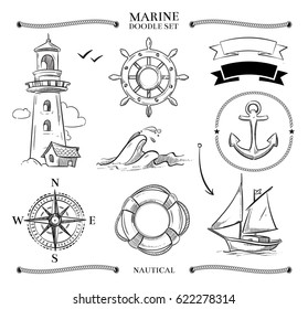 Rope frames, boats, marine knots, anchors nautical vector doodle set