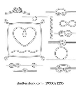 Rope frames and borders, knots and corners made of rope, vector