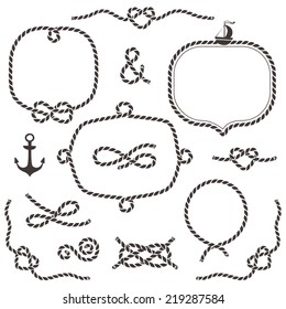 Rope frames, borders, knots. Hand drawn decorative elements in nautical style.