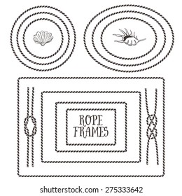 Rope frames, borders, knots. Hand drawn decorative elements in nautical style.