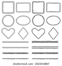 Rope Frames Bundle. Hand drawn rope shapes - circle, square, rhombus, heart, rectangle, strokes. Perfect for nautical borders and decor.