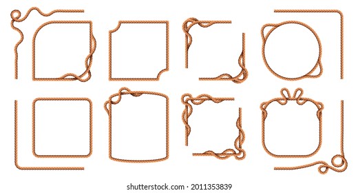 Rope frames. Hemp thread square and round borders, curved nautical cord lines. Realistic cartoon sailor jute strings and twines vector set. Illustration cord frame string, thread fiber knot