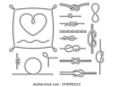 Rope frames, knots and borders, rope twists design elements, vector