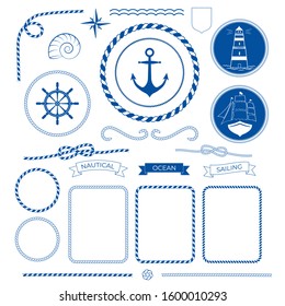 Rope frames, knots, corners and ribbons. Nautical sea collection, marine rope, boat, lighthouse logo, anchor, helm, compass icons. Vector illustration decorative elements