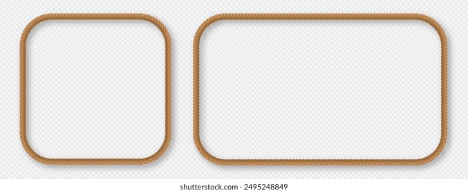 Rope frames, realistic jute cord borders, hemp twisted rope in square and rectangle shapes. Vector illustration.