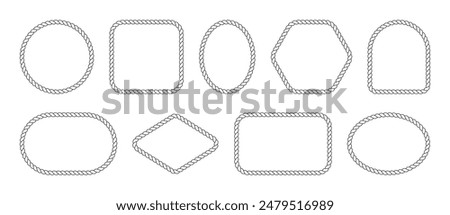 Rope frames set. Rope borders and frame in various shapes. Geometric border collection. Rectangle, oval, square other shapes. Vector illustration.