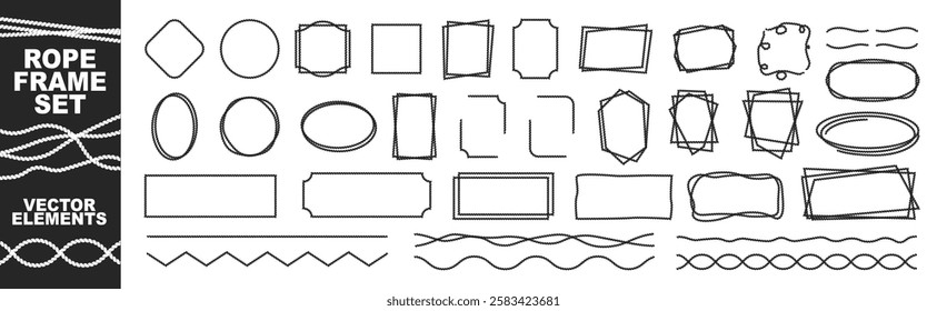 Rope frames set on transparent background. Rope border and frame. lasso twisted and crisscrossed until a rectangle