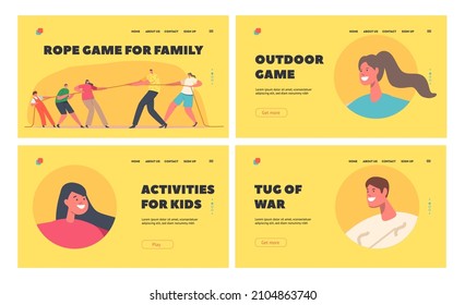 Rope Game for Family Landing Page Template Set. Mom, Dad and Children Characters Tear Rope, Tug of War Competition Between Parents and Kids. Sports Activity. Cartoon People Vector Illustration