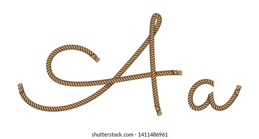 Rope hand drawn font, 3d realistic effect, capital uppercase and lowercase letters A. Vector illustration EPS 10