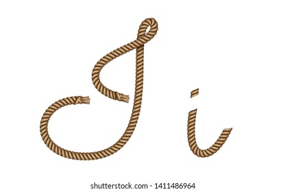 Rope hand drawn font, 3d realistic effect, capital uppercase and lowercase letters I. Vector illustration EPS 10