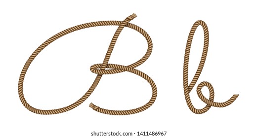 Rope hand drawn font, 3d realistic effect, capital uppercase and lowercase letters B. Vector illustration EPS 10