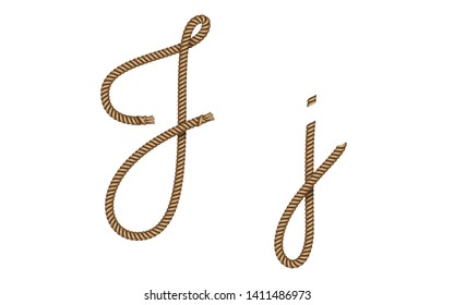 Rope hand drawn font, 3d realistic effect, capital uppercase and lowercase letters J. Vector illustration EPS 10