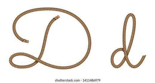 Rope hand drawn font, 3d realistic effect, capital uppercase and lowercase letters D. Vector illustration EPS 10