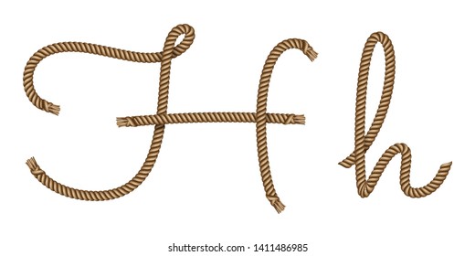 Rope hand drawn font, 3d realistic effect, capital uppercase and lowercase letters H. Vector illustration EPS 10