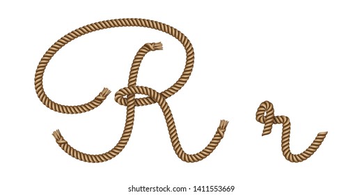 Rope hand drawn font, 3d realistic effect, capital uppercase and lowercase letters R. Vector illustration EPS 10