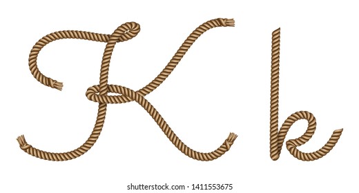 Rope hand drawn font, 3d realistic effect, capital uppercase and lowercase letters K. Vector illustration EPS 10