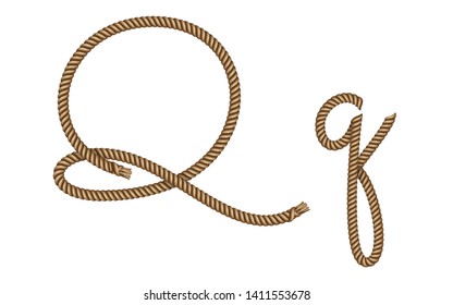 Rope hand drawn font, 3d realistic effect, capital uppercase and lowercase letters Q. Vector illustration EPS 10