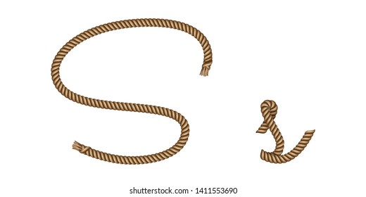 Rope hand drawn font, 3d realistic effect, capital uppercase and lowercase letters S. Vector illustration EPS 10