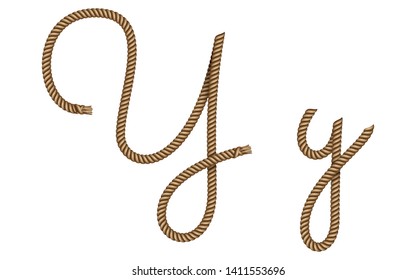 Rope hand drawn font, 3d realistic effect, capital uppercase and lowercase letters Y. Vector illustration EPS 10