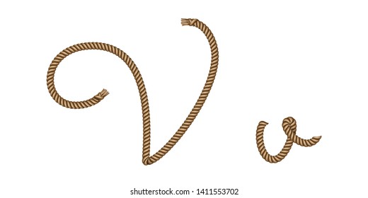 Rope hand drawn font, 3d realistic effect, capital uppercase and lowercase letters V. Vector illustration EPS 10