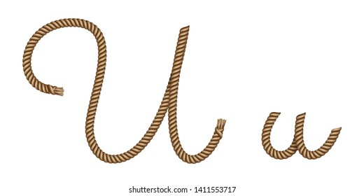 Rope hand drawn font, 3d realistic effect, capital uppercase and lowercase letters U. Vector illustration EPS 10