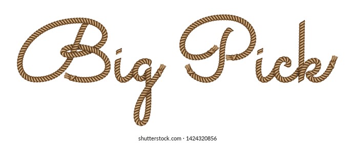 Rope hand drawn lettering Big Pick with 3d realistic effect. Vector illustration EPS 10.